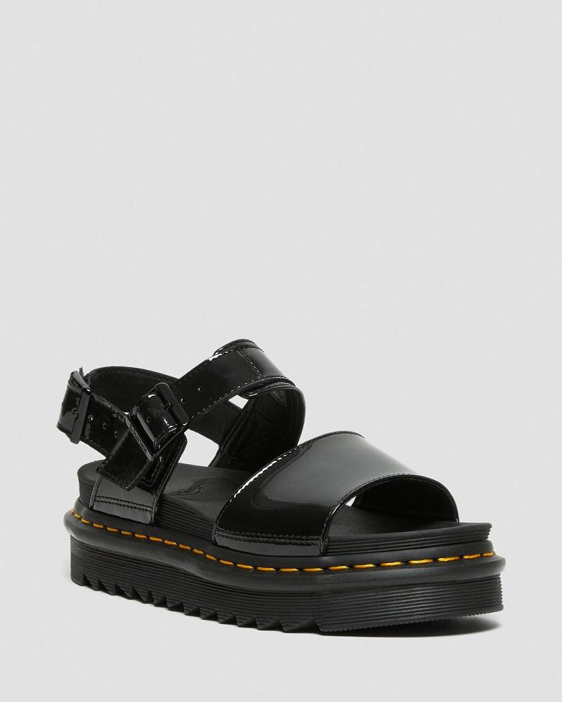 Black Women\'s Dr Martens Voss Patent Leather Strap Sandals | CA 330XYU